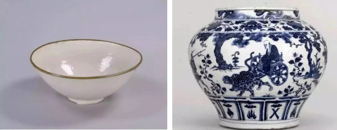 元代以后，青花瓷（右）逐漸取代了定瓷（左）